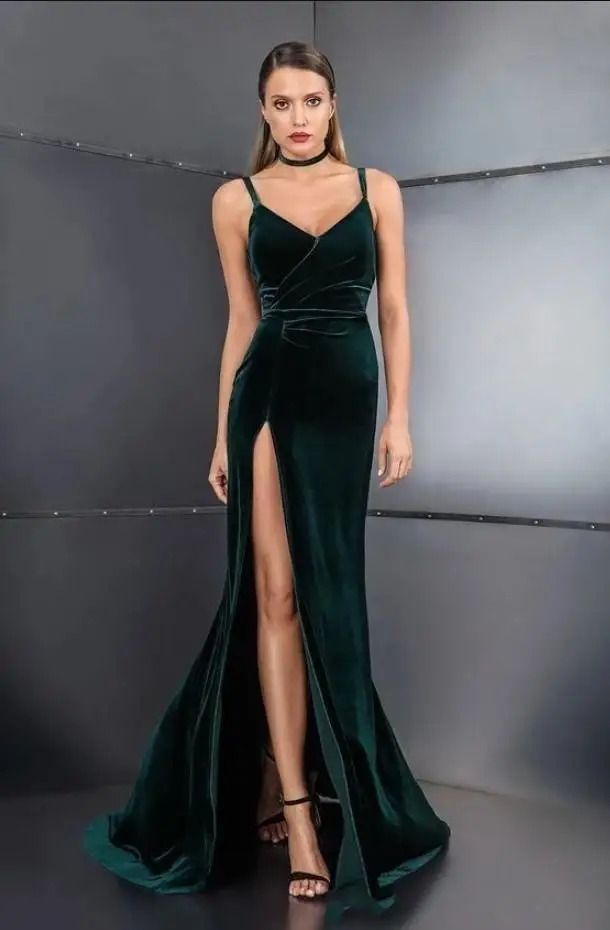 Long Sexy Velvet Dark Green Prom Evening Dresses High Side Split Backless  robe soirée femme Formal Party Gown vestidos de noche