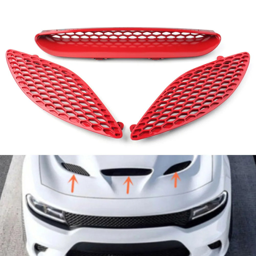 3Pcs/Set Red Car Center Hood Bezel Grille Grill For Dodge Charger SRT Hellcat 2015 2016 2017 2018 2019 2020 ABS Plastic