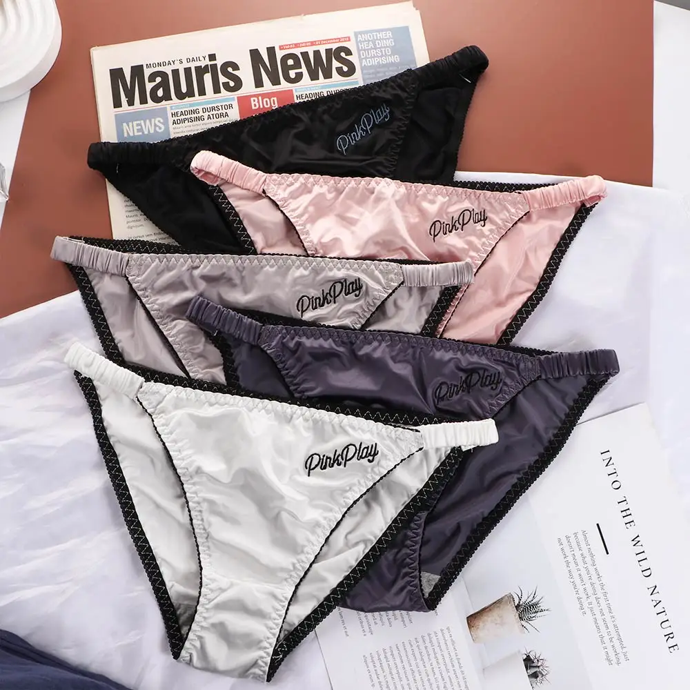 Sexy Girl Thongs Women Glossy Underwear Panty Low Waist Solid Color Satin Fabric Briefs Embroidery Fitness Sports Underpants