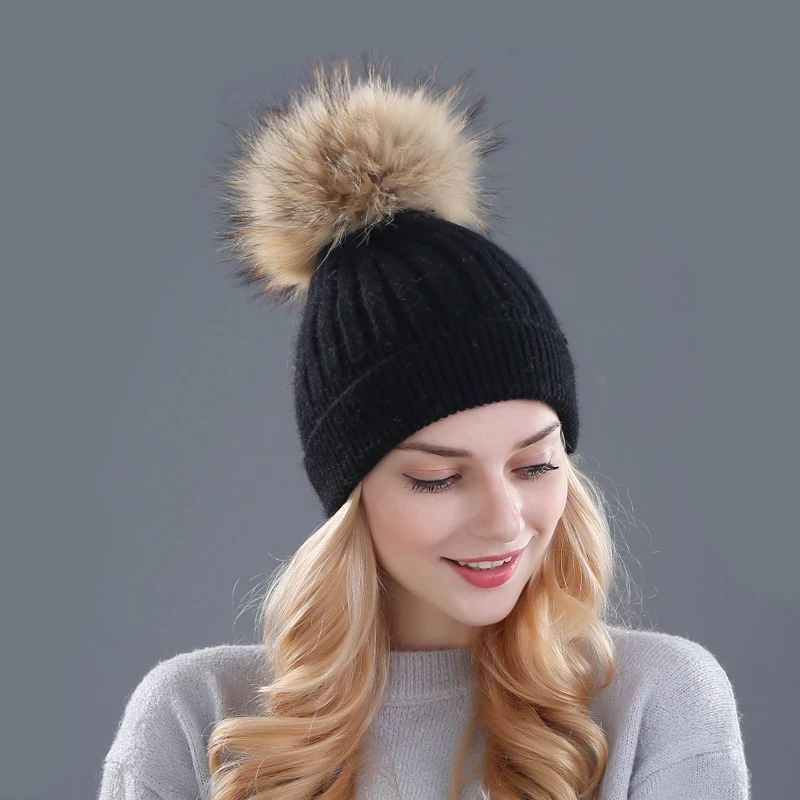 Xthree Winter Knitted Hat Cashmere Beanies With Real Raccoon Fur Pom Poms Skullies Hat for Women Girls Hat Feminino