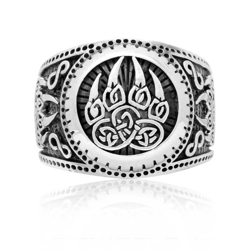 Vintage Style Viking Thai Silver Color Bear Paw Runes Ring Male Stainless Steel Ring for Men Wedding Gift Jewelry Accessories