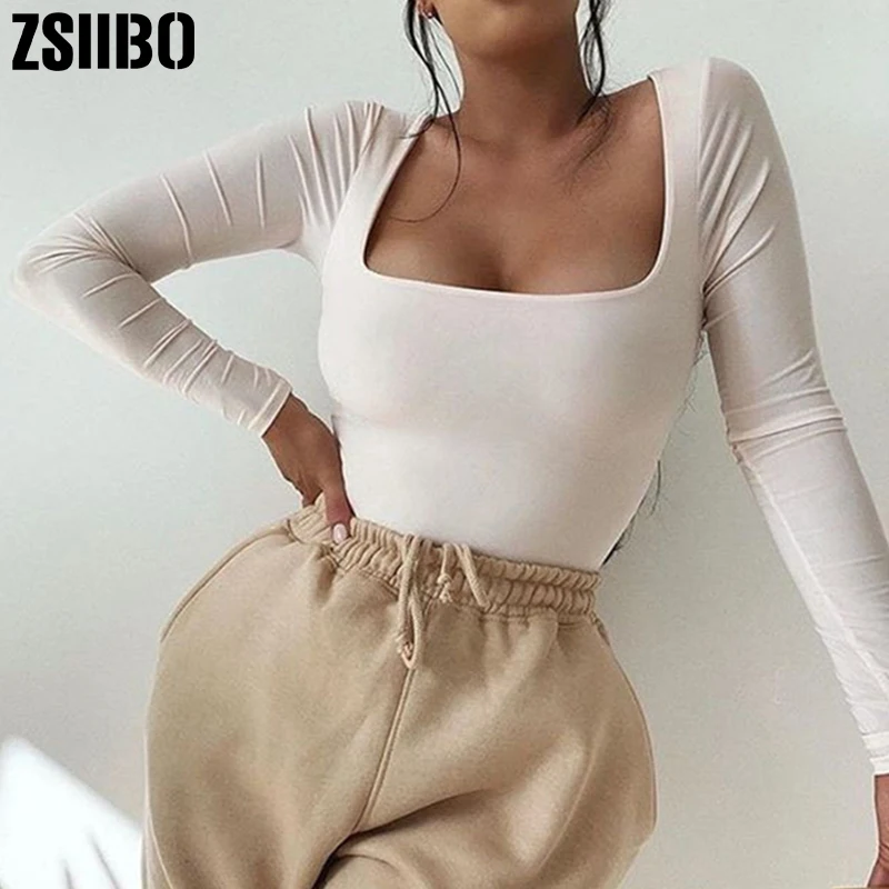 Body z długim rękawem kobiety Body streetwear dropshipping Forefair Sexy Bodycon kwadratowy dekolt płaszcza krocza podstawowy czarny kombinezony Top