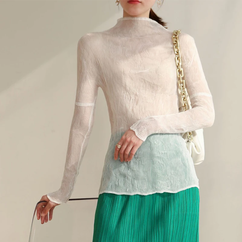 

Miyake pleated chiffon t-shirt Spring/Summer 2021 new super stretch slim fit thin skinny bottoming basic Tees for woman