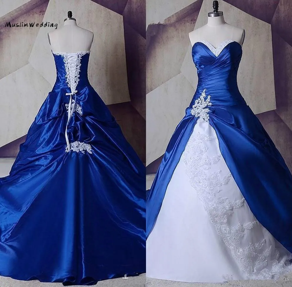 Customized Royal Blue And White Wedding Dress Vintage Gothic Ball Gown Country Wedding Dress Corset Lace Plus Size Bride Dress