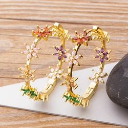 AIBEF Gold Color Big Circle Round Hoop Flowers Earrings Crystal Women's Fashion Statement Romantic Charm Earrings Party Jewelry