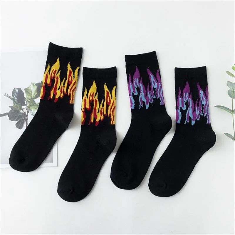 Men Socks Fashion Hip Hop On Fire Crew Socks Red Flame Blaze Power Torch Hot Warmth Street Skateboard Mens Cotton Long Socks