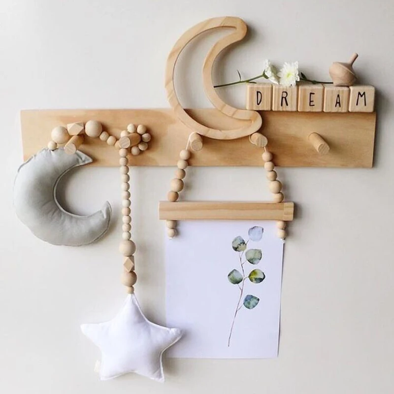 QWZ Baby Rattle Stroller Decoration Pillow Nordic Moon Stars Wooden Beads Strings Toys Kids Bed Room Crib Decor Ornaments Props