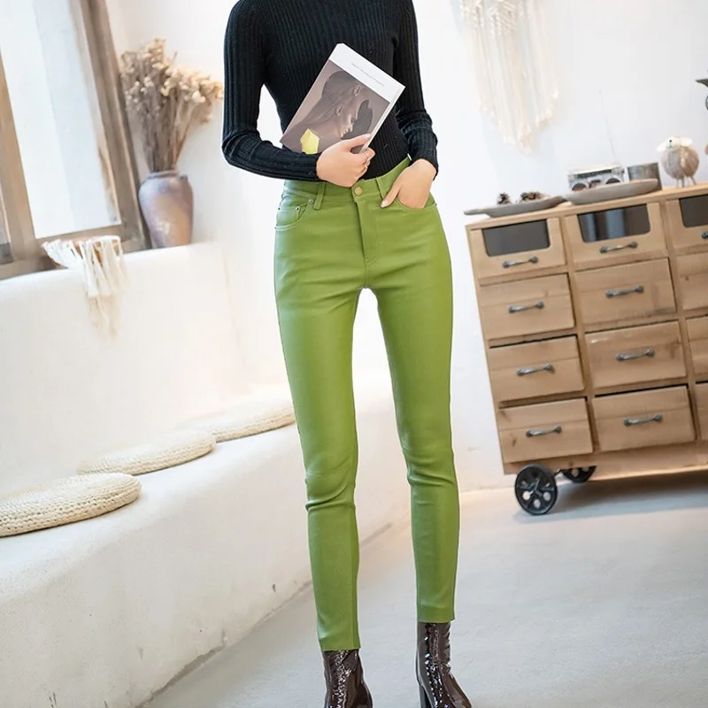 Sheepskin Natural Stretch Pants Skinny Pockets Zipper Leather Pants High-End Genuine Leather Womens Natural Waist Pencil Pants