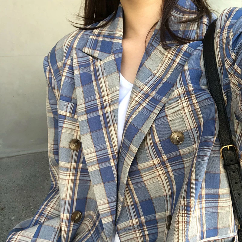 Snordic-Vintage Green Plaid Blazer for Women, Double Breasted Coat, Notched Collar, Leisure Jacket, Outwear Suit, Autumn