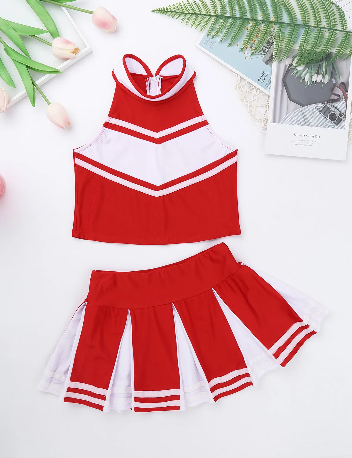 Kinder Mädchen Cheerleading Unform Kostüm Sleeveless Reißverschluss Tops mit Plissee Rock Set Schule Cosplay Party Latin Dance Outfit