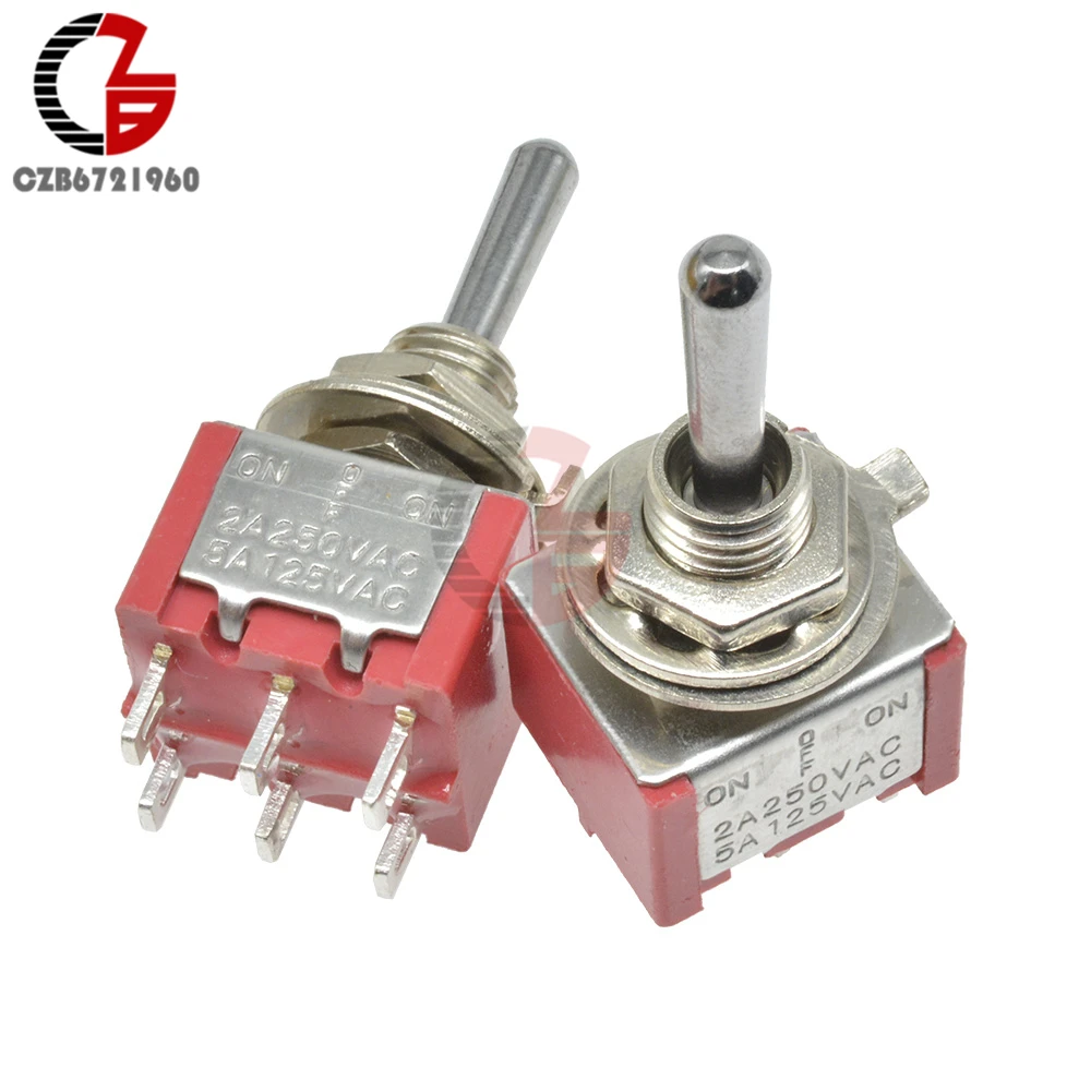 MTS-223 5pcs Self Resetting Stainless Steel Toggle Switch 13*11.6MM Red 6Pin On-Off-On Switch Silver Contactor 125V 5A 250V 2A