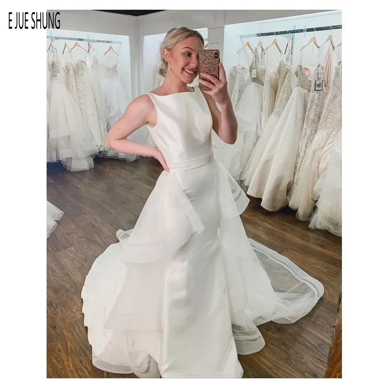 E JUE SHUNG Modest Simple Wedding Dresses With Detachable Train Square Collar Zipper Back Mermaid Bridal Gowns robe de mariee