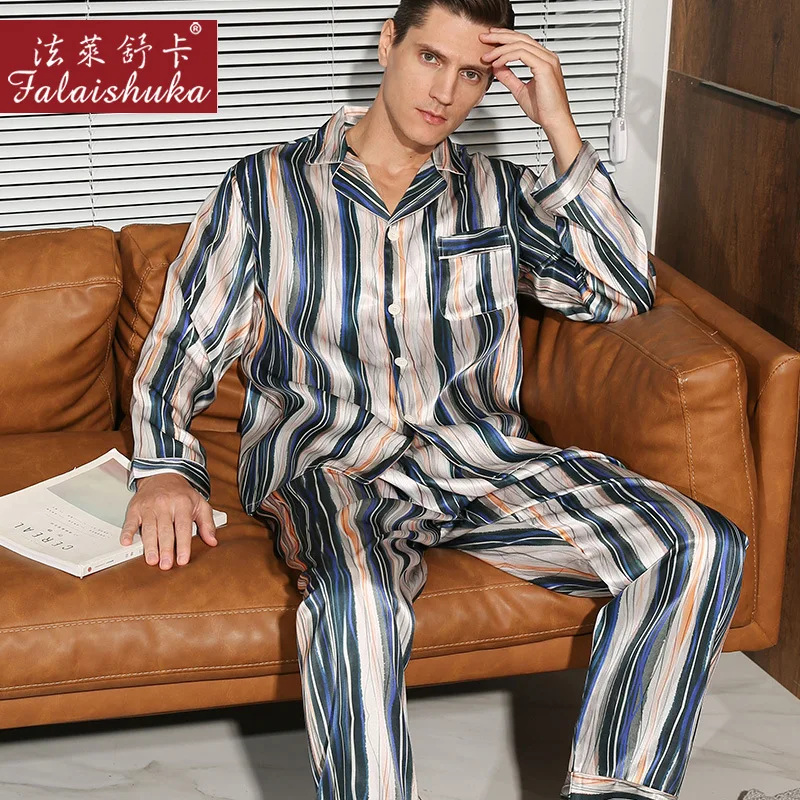 19 momme pure silk Striped men pajama sets sleepwear new 100% natural silk Long sleeve fashion sleepwear men T9074