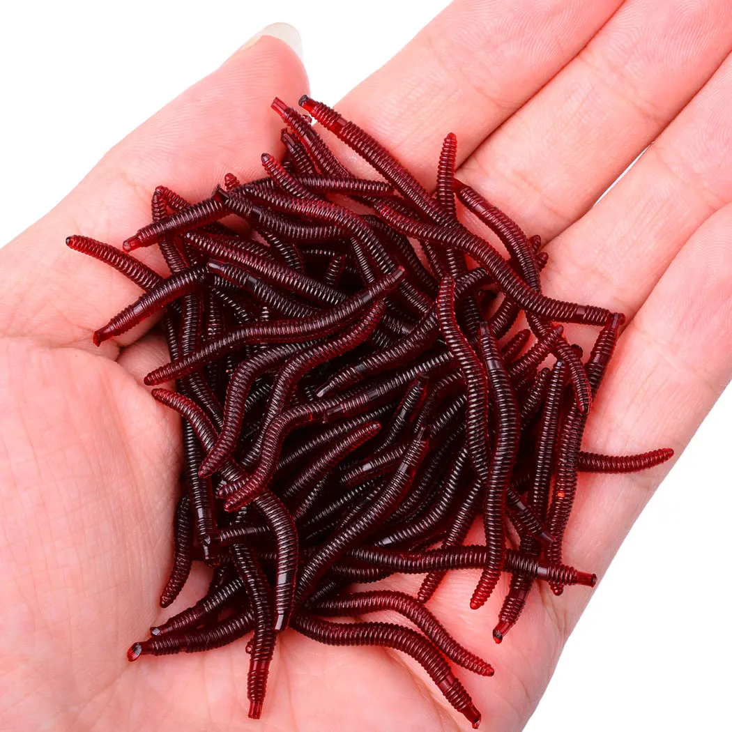 50pcs Lifelike Silicone Red Luminous Worm Soft Lures Earthworm Artificial Rubber Baits Shrimp Flavor Additive Bass Carp Tackle