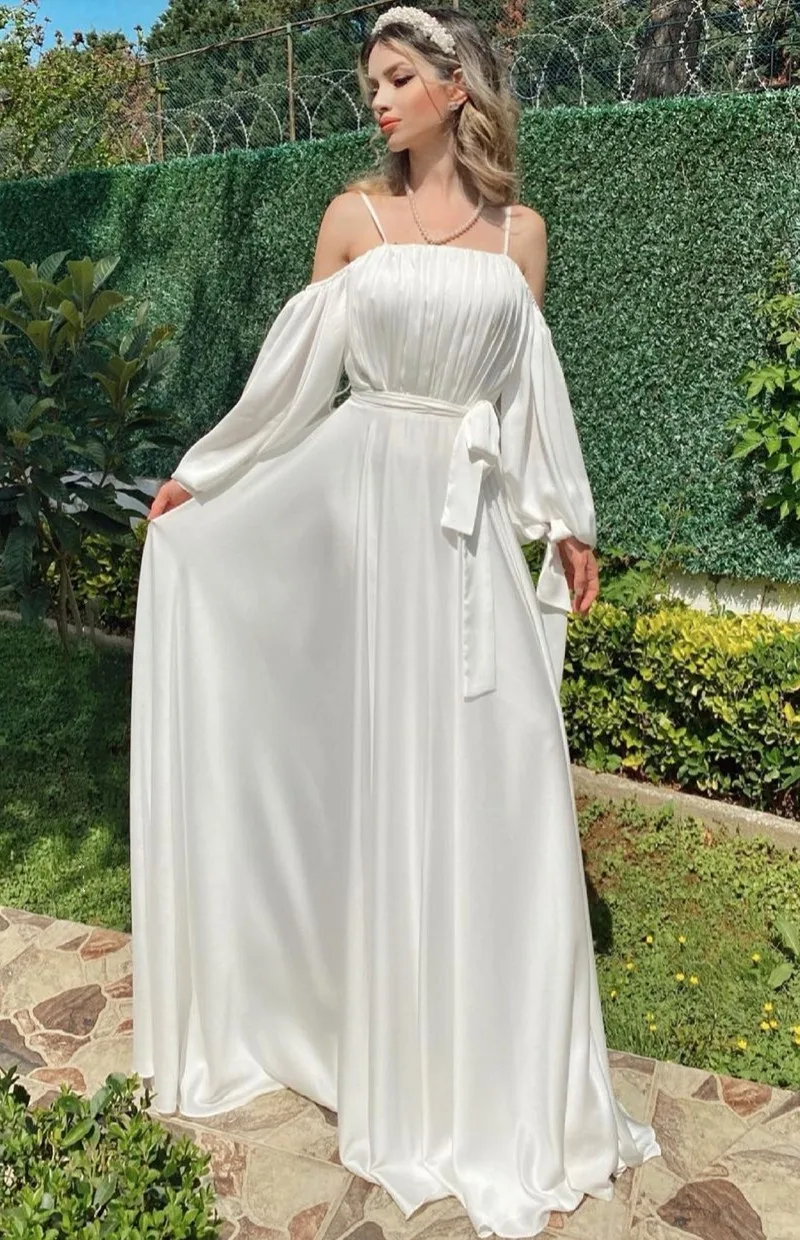 Abiti da sposa eleganti Boho 2021 scollo a barchetta Sweep Train Zipper Lace Up manica lunga raso abito da sposa su misura Robe De Mariee