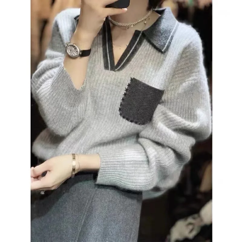 Europe station 2021 new  chic high-grade feeling V collar Woolen sweater women's autumn winter languid lazy wind