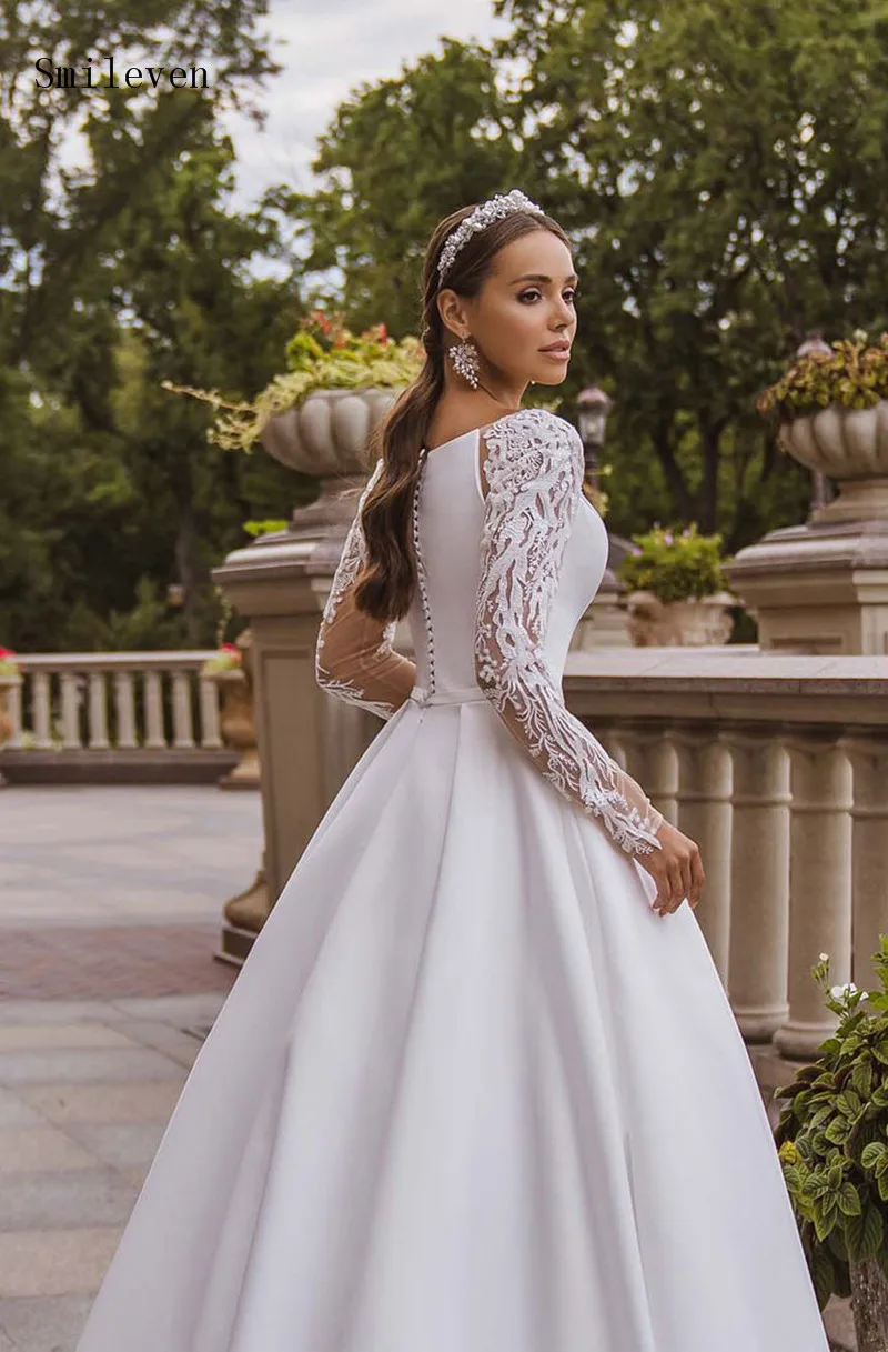 Smileven-vestido De novia De satén De princesa, ropa De boda De manga larga, línea A, De encaje, estilo bohemio, hecho A medida