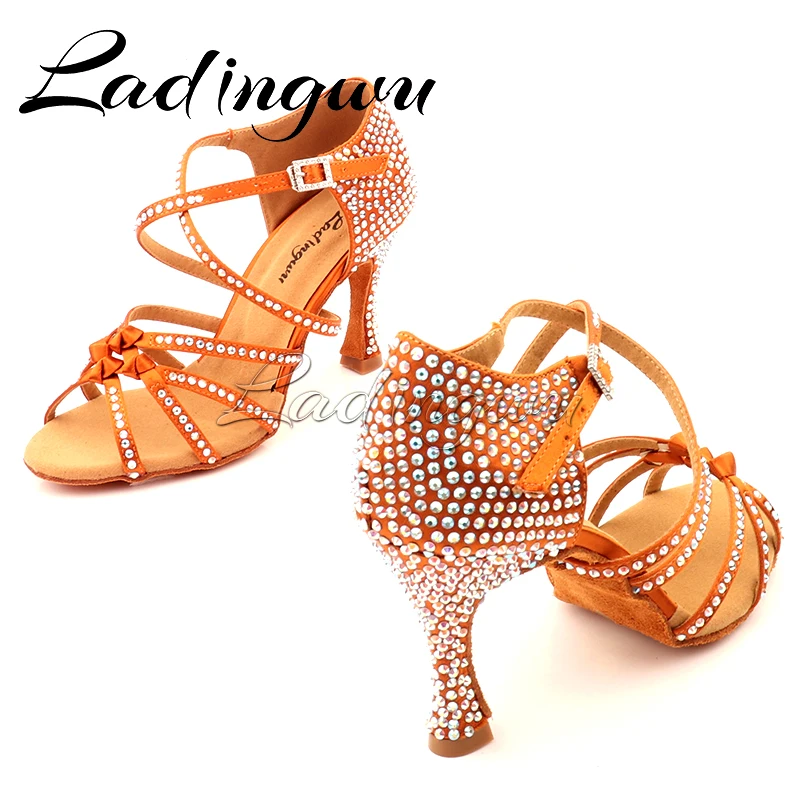 Ladingwu Bronze Silk Satin Latin Dance Shoes Olassic Four-band Knot Rhinestone Salsa Dance Shoes Ballroom Tango Dance Shoes