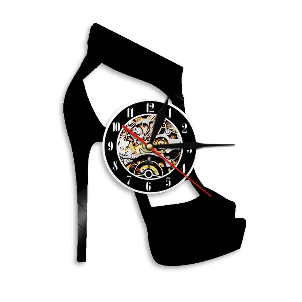 High Heeled Shoes Silhouette Shadow 3D Wall Clock Vinyl Record Wall Clock Watches Personality Fashion Wall Decor For Shoes Shop