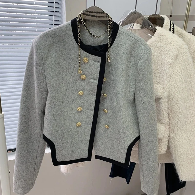 

Gray Vintage Short Jackets Autumn Winter Chic Women Fashion Design Trend Small Coat Double Breasted Long Sleeve Warm Outerwear