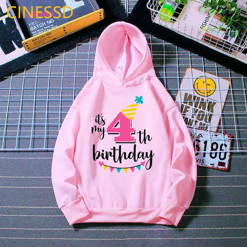 It's My 3-9th Birthday Lovely Graphic Hoodie Children Girl Pink Sweatshirt Cute Winter Clothes For Kids Bithday Gift Velvet