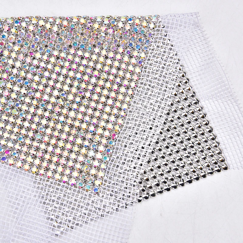 24 Rows Crystal AB Color Bling Silver Claw Rhinestone with White Mesh Net Sew on Diamond Trimming DIY Bags Shoes Bow Decoration