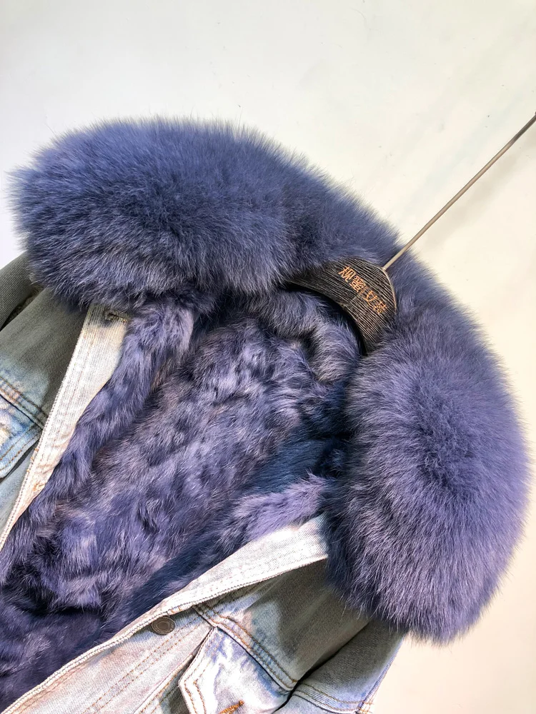 Real Fox fur thicker warm denim parkas jacket female winter fashion real rabbit fur liner detachable fur padded warm jacket F460