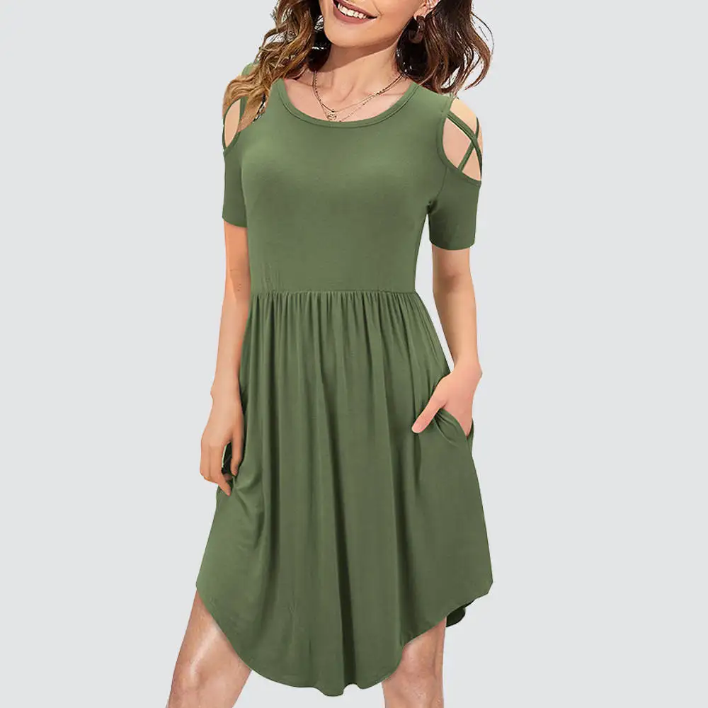 Women Summer Charming Solid Color Round Neck Cold Shoulder Casual Mini Dress with Pockets 1HA163