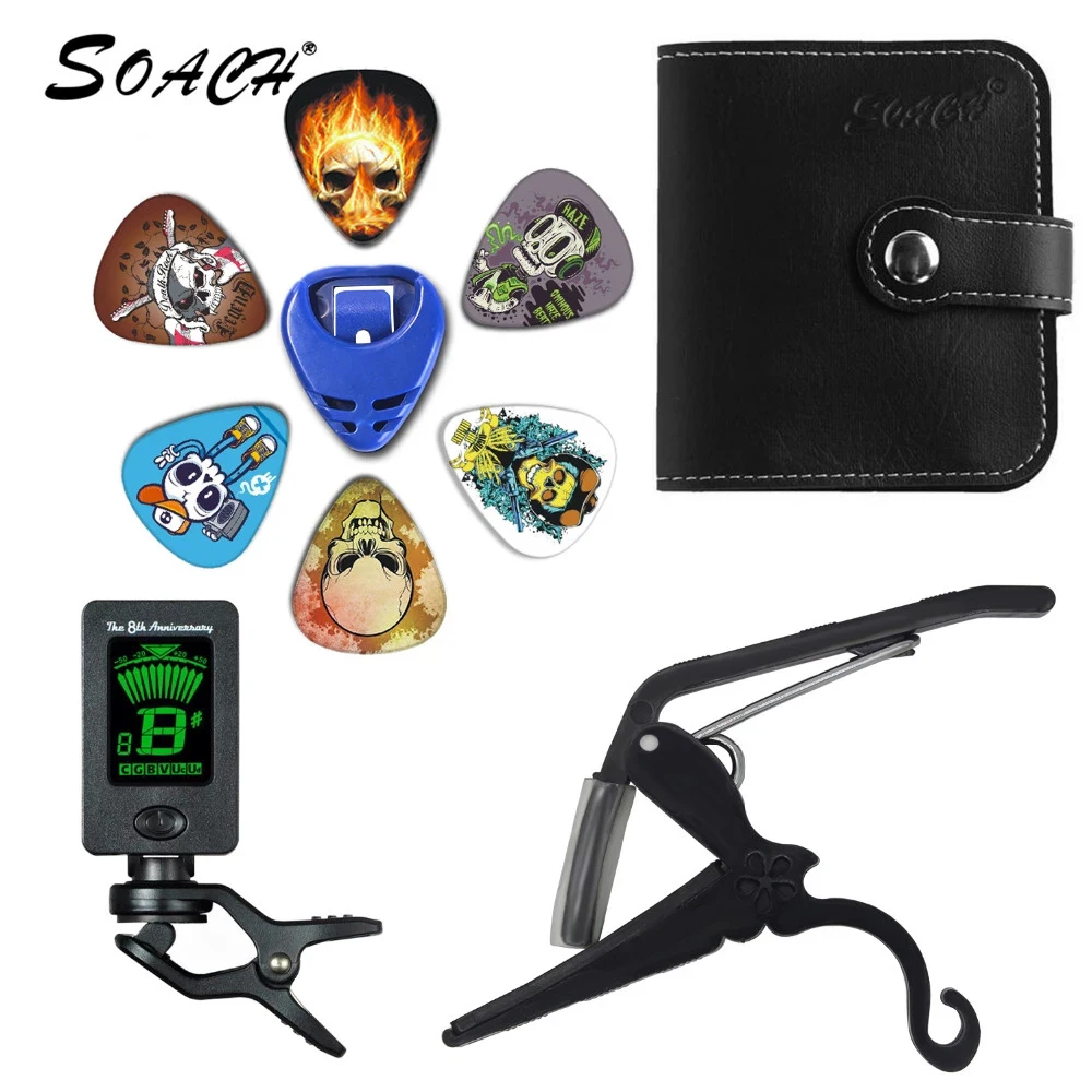 SOACH 2018 NEW Super Value Tool Kit Guitar Tuner + Capo + Plectrum Holder + PU Bag + 6 Colors Picks Guitarra Parts Accessories