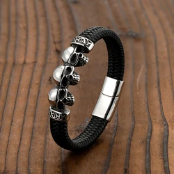 European and American Punk Style Three Ghost Head Scorpion Stainless Steel Men's Bracelet Microfiber Leather Rope Bracelet Gift