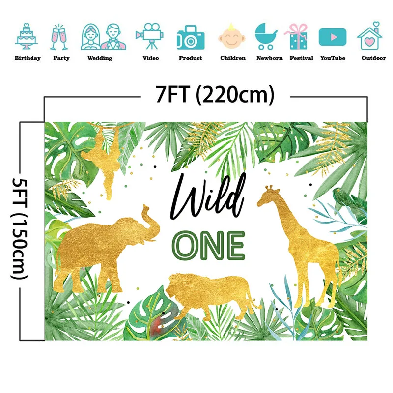 Fondo con diseño de animales salvajes para cumpleaños, telón de fondo con diseño de hojas tropicales de Safari dorado para fiesta de cumpleaños, Decoración de mesa de pastel