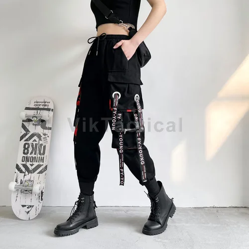 Imagen 2 del producto Pantalones Cargo para mujer, pantalones harén 2023, pantalones para correr con bolsillos Punk a la moda con cadena, elásticos Harajuku, ropa de calle de cintura alta