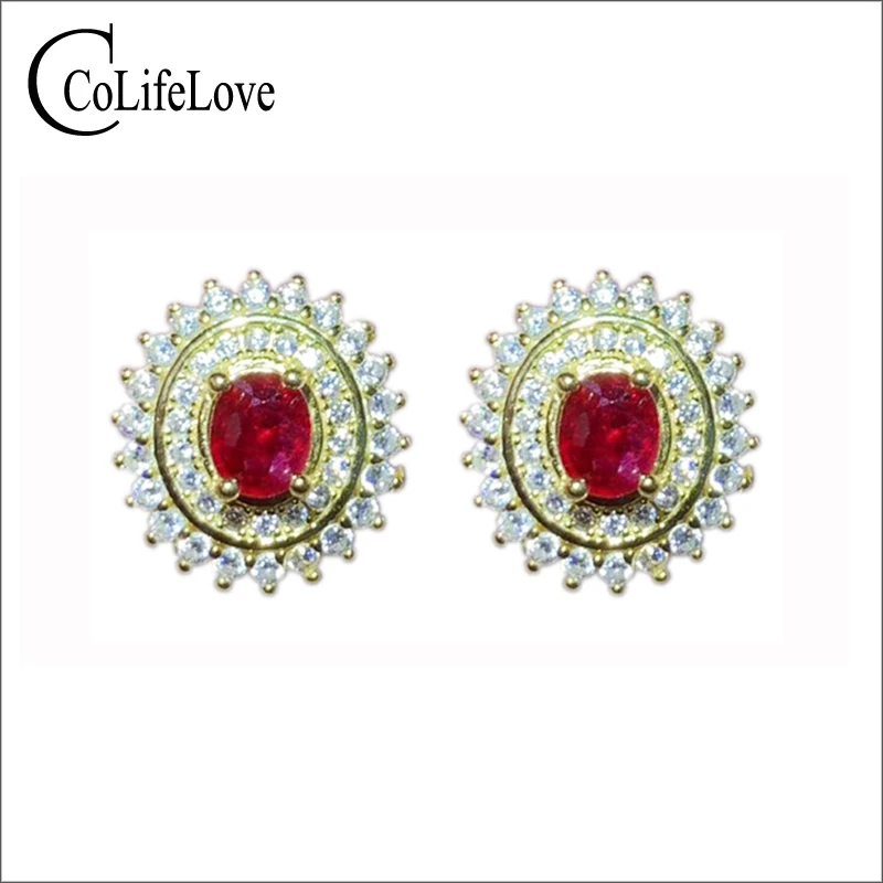 CoLife Jewelry 925 Silver Ruby Stud Earrings 4mm*5mm Natural Ruby Earrings for Daily Wear Classic Silver Earrings