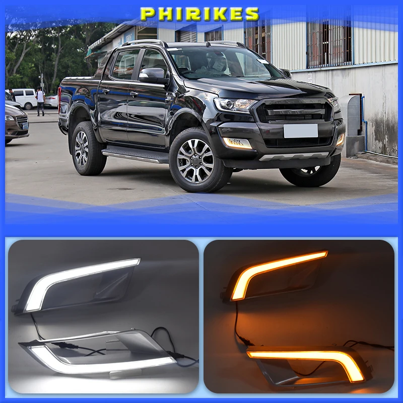 Car 2PCS For Ford Ranger Wildtrak 2015 2016 2017 2018 LED DRL Daytime Running Light Daylight Fog Head yellow turn Lamp