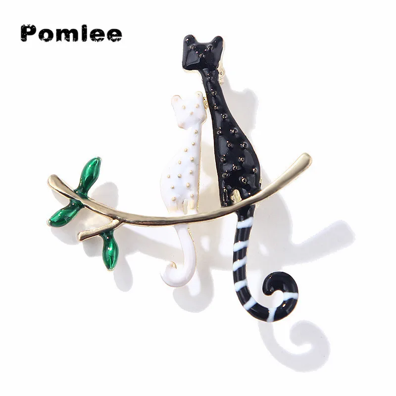 Pomlee 2 Cats Brooch Enamel Pin Carton Animal Kitty Brooches For Women Kids Pin 2 Colors Choose Summer Jewelry Good Gift