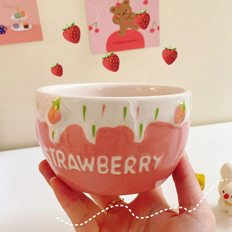 New Cute Sweet Strawberry Ceramic Bowl Girls Ice Cream Dessert Bowl Fruit Salad Breakfast Milk Cereal Rice Bowls Tableware