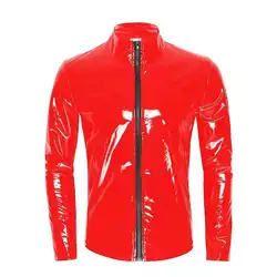 S-7XL Plus Size Mens Sexy Shiny Wetlook Leather Shirt Erotic Shaping Sheath Casual Coat Male Glossy PVC Leather Jacket Tops Sexi