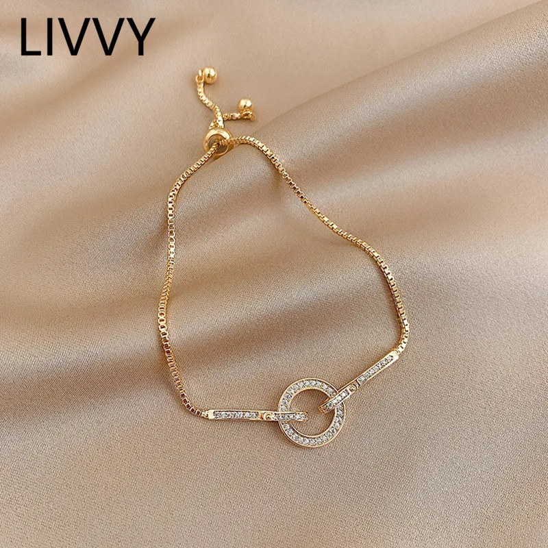 LIVVY золотой цвет модный простой ажурный круглый браслет для женщин Lnlay циркон свет роскошные ювелирные изделия вечерние друг лучший подарок