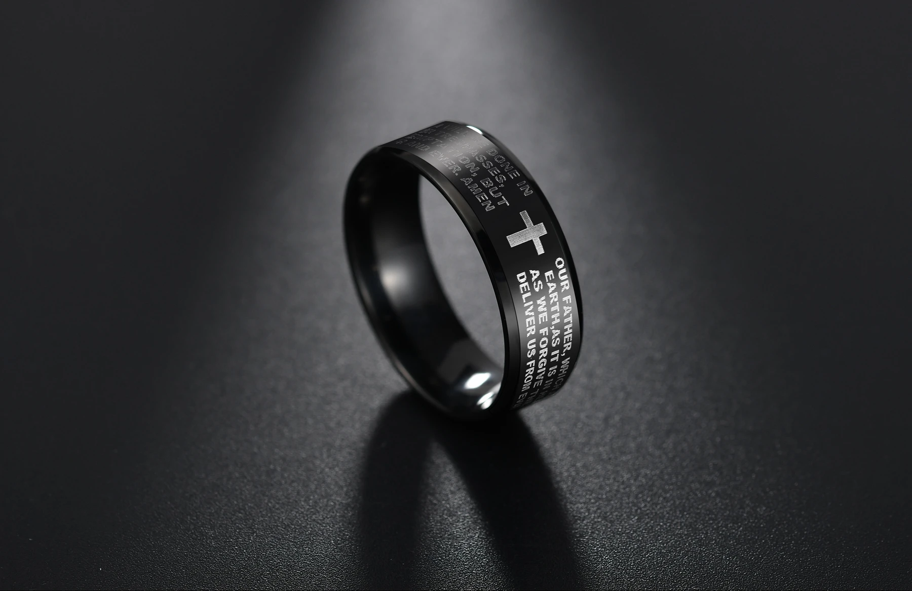 AsJerlya Black Titanium Steel English Letter Lord\'s Prayer Ring Serenity Men\'s Bible Cross Rings For Women Jesus Jewelry