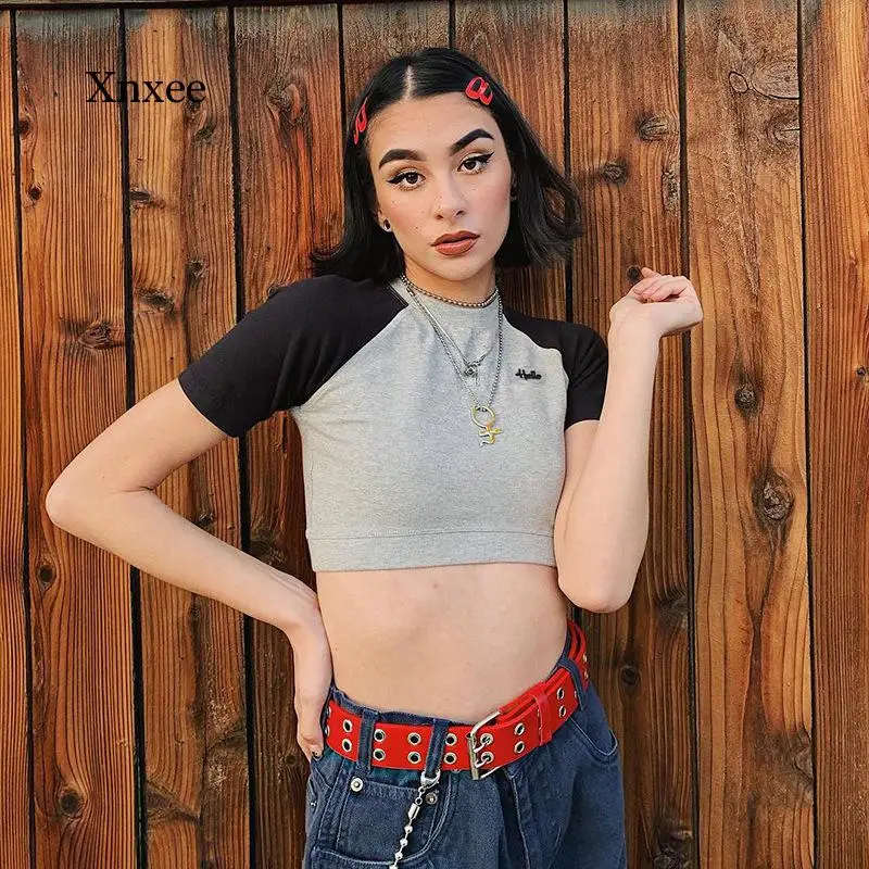 Women's Casual Splicing Short Tee Shirts Gray o Neck Cotton Crew Neck Crop Top Summer Streetwear Basic 90S Top Y2K Clothing