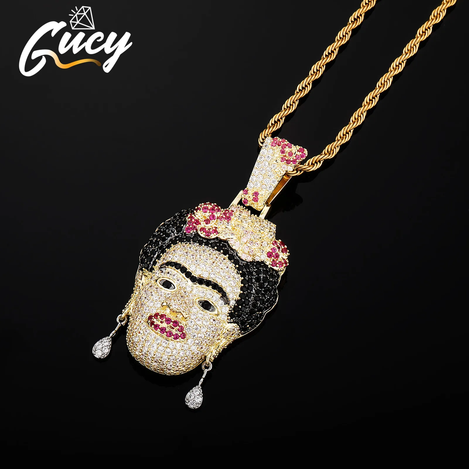 

GUCY Character's Head Necklace & Pendant Gold Color Bling Cubic Zircon Men's Hip Hop Rock Street Jewelry