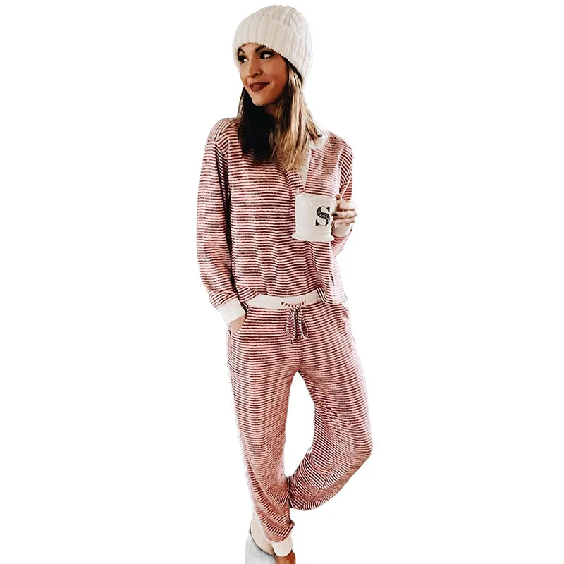 Autumn and Winter Loungewear Pajamas Set Fashion Long-sleeved Trousers Two-piece Sleepwear Striped Nightshirt Women's Home Suit