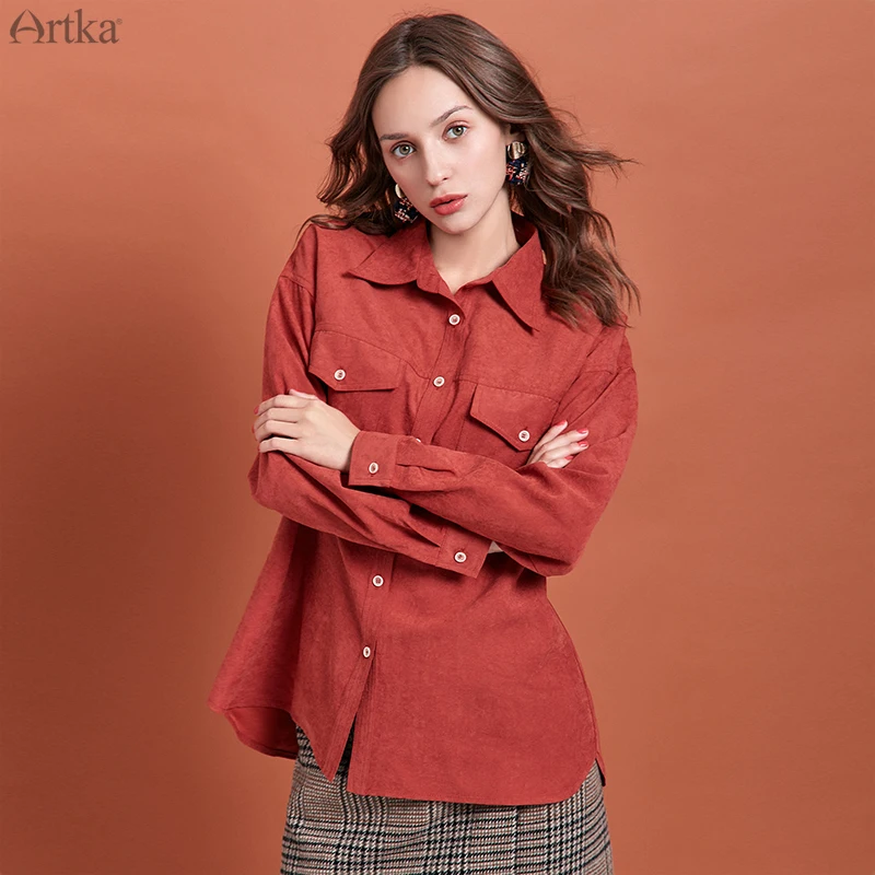 ARTKA 2020 Frühjahr Neue Frauen Blusen Reine Farbe drehen-unten Kragen Shirt Minimalist Lose Casual Langarm Blusen Frauen SA10394Q