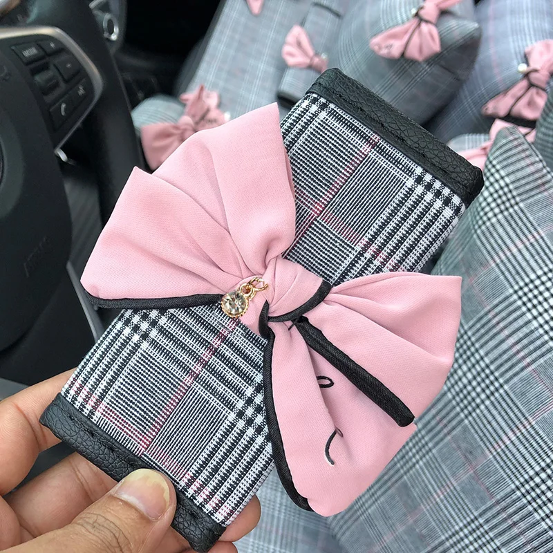 Diamond Bowknot Universal Car Gear Shifter Handbrake Cover Plaid fabric Auto Seat Belt Mirror Case Car Interior Decor Accessory