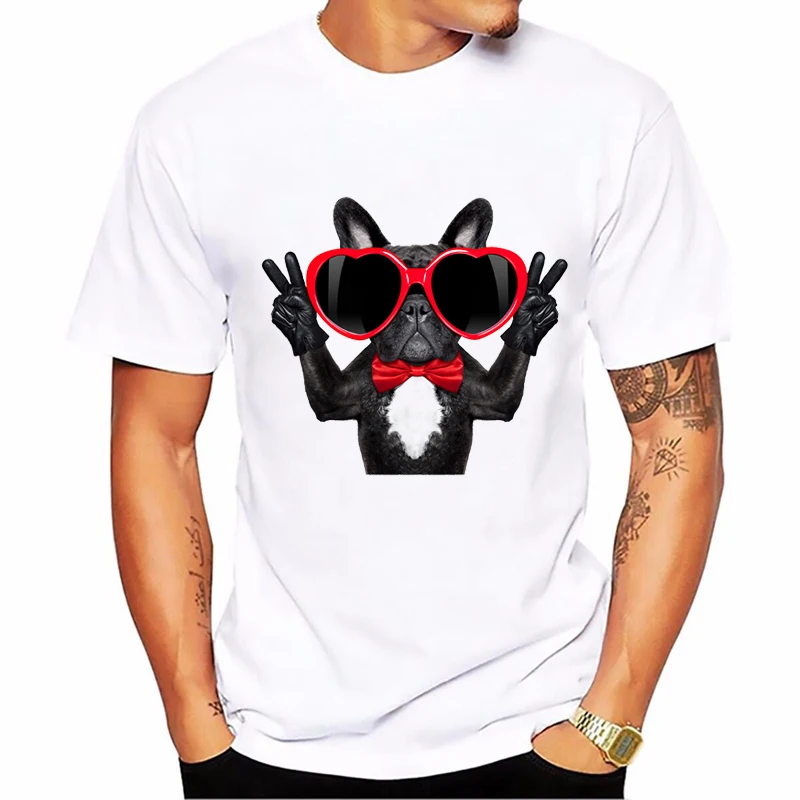 Glass French Bulldog Print Funny T Shirts Men Summer Top Male\'S Cool Hip Hop T Shirt White Short Sleeve Casual Camisetas Hombre