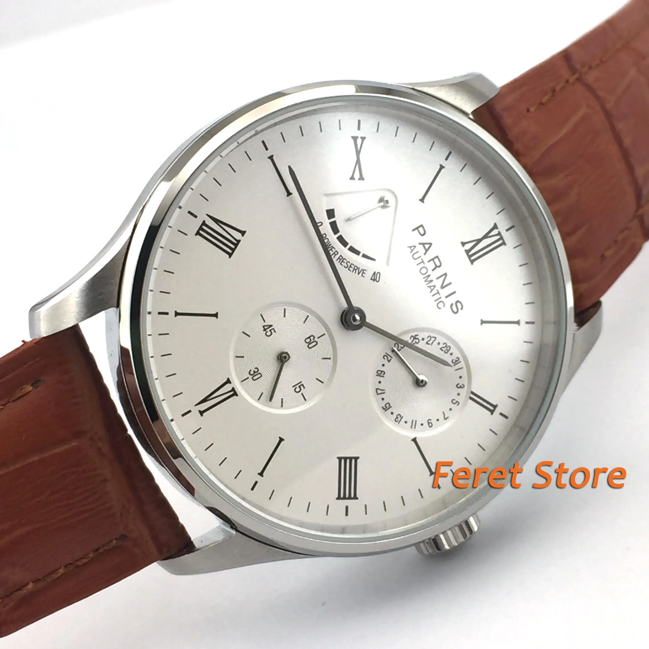 

42mm Parnis White Dial Leather strap bracelet clasp Power reserve Luxury Brand Roman Numeral Automatic Movement men's Watches