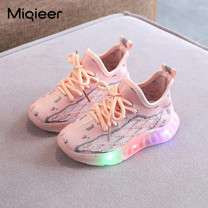 Children Sneakers Fashion Knit Breathable Mesh Anti-slip LED Shoes For Boys Girls Soft Jelly Bottom Lighted Kid Sports Shoes