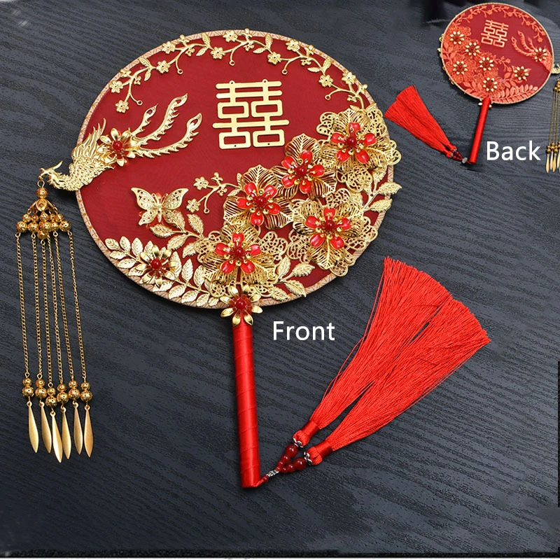 Elegance Vintage Red Gold Bride Bouquet Chinese Traditional Round Palace Hand Held Fan For Wedding Bouquet