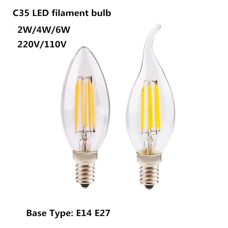 

E12 E14 E27 светодиодный лампы в форме свечи лампы C35 светильник 2W/4W/6W 110V/220V Теплый/Холодный белый ретро Светодиодная лампа накаливания для Люстра светильник ing 360 градусов