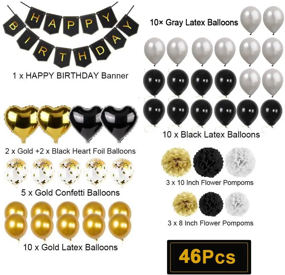 46pcs Black Gold Happy Birthday Banner Party Decorations Confetti Star Heart Foil Balloons Paper Pompoms for Birthday Decor